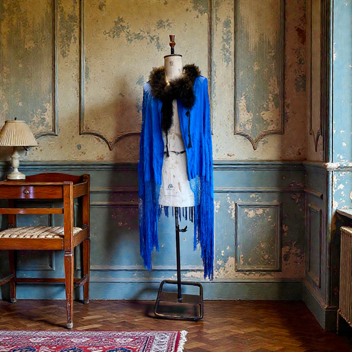 Sasha, 40s cobalt blue embroidered piano shawl feather fringed cape