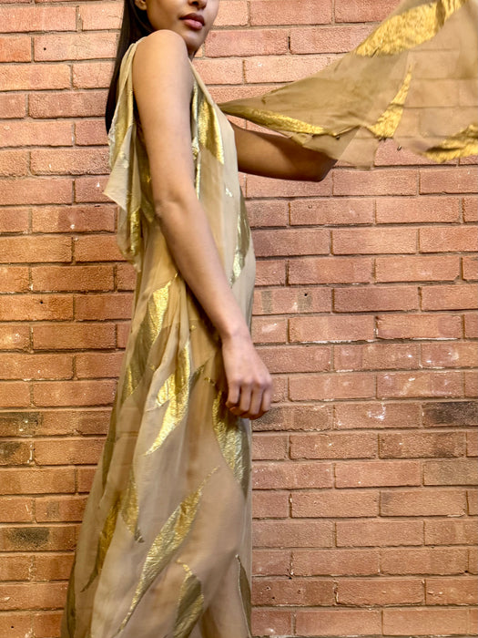 Molly, 20s silk chiffon dress with gold leaf print
