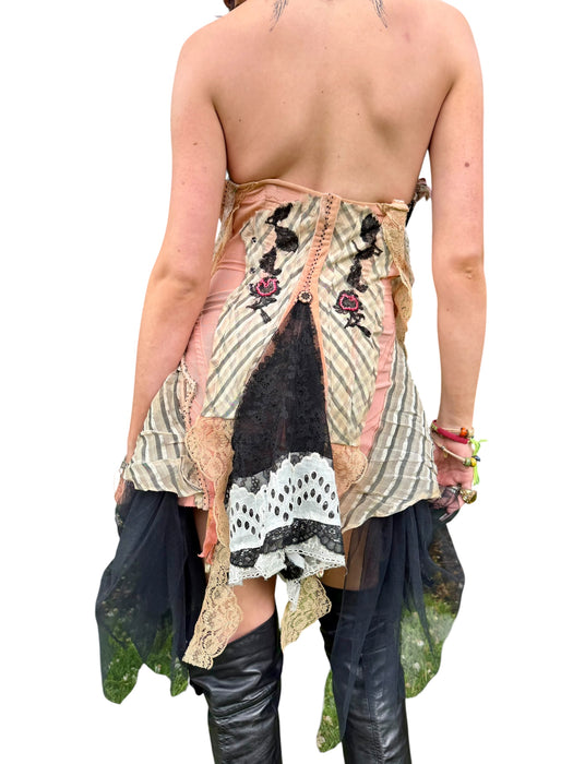 Estelle, reworked 40s corset with Victorian silk damask and ribbon lace design