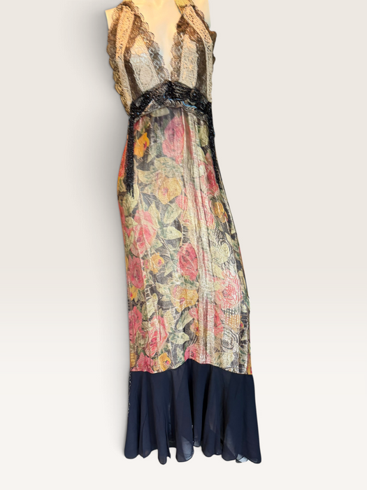Dray, reworked 1920s floral lamé and metallic dress with glass black jet beaded fringed waistband