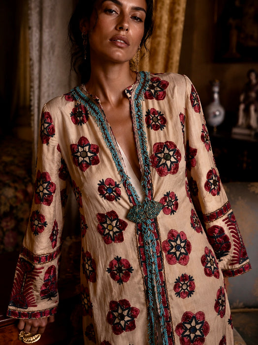 Chapan, early 19th C Uzbek chapan embroidered and beaded robe with couched Edwardian floral embroidery and turquoise buckle