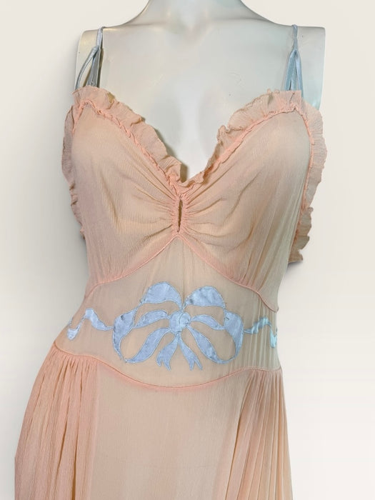 Estelle, 1930s pink and blue silk and lace smocked dress