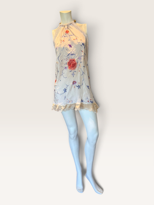 Plato, reworked short piano shawl embroidered dress with brass chocker