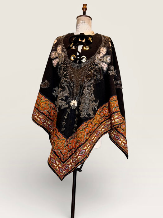 Marina, 70s paisley wool cape with 20s beading and floral embroidery