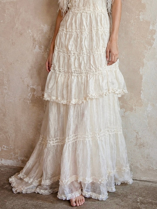 Bodie, vintage white ostrich feather and Victorian silk ruffle skirt