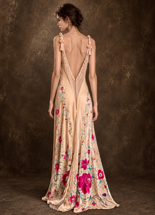Bailey, reworked bias cut floral embroidered piano shawl dress