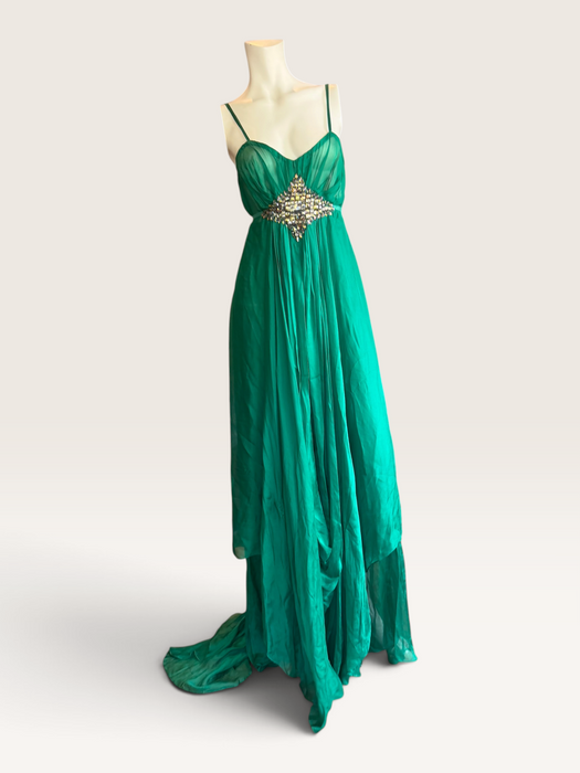 Tori, 90s emerald green silk chiffon Goddess dreamed beaded dress