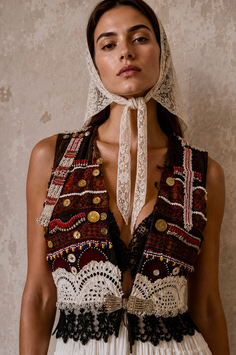 Natalia, reworked Victorian tiered skirt and Afghan beaded dress