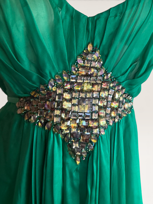 Tori, 90s emerald green silk chiffon Goddess dreamed beaded dress