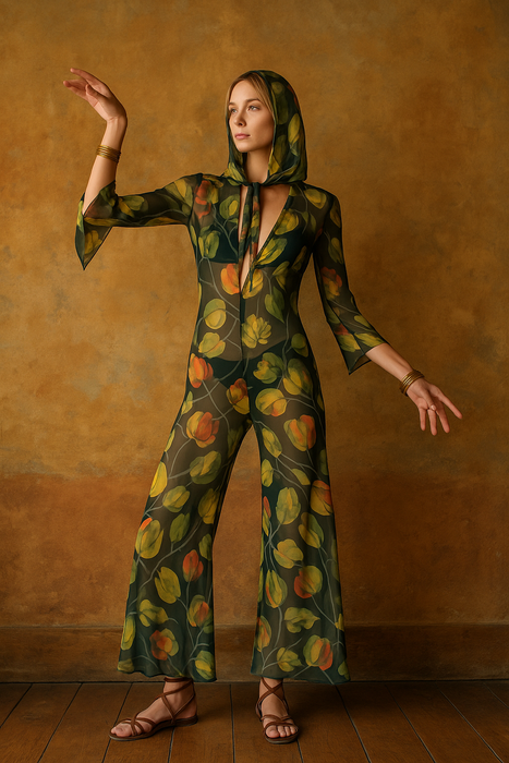 Fabia, reworked 30s floral chiffon flair jumpsuit