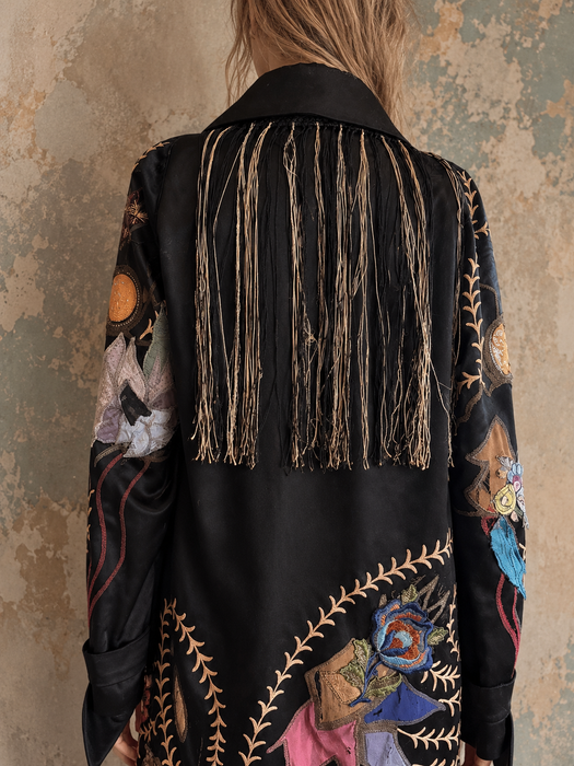Arca, reworked Art Deco silk embroidered coat with fringing