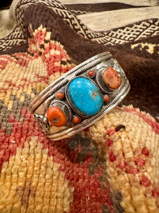 Layla, antique silver Native American turquoise and coral cuff