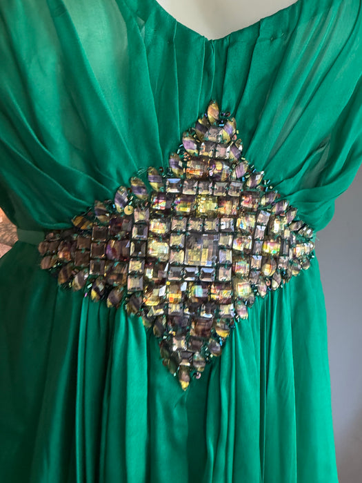 Tori, 90s emerald green silk chiffon Goddess dreamed beaded dress