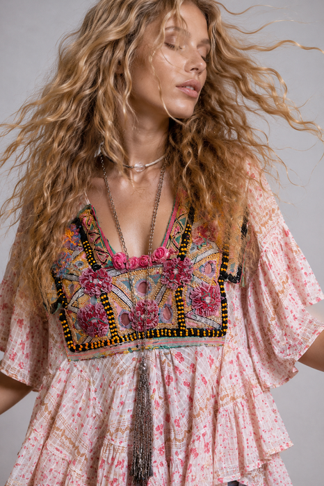 Blaze, 1940s floral cotton tunic with antique Indian embroidery