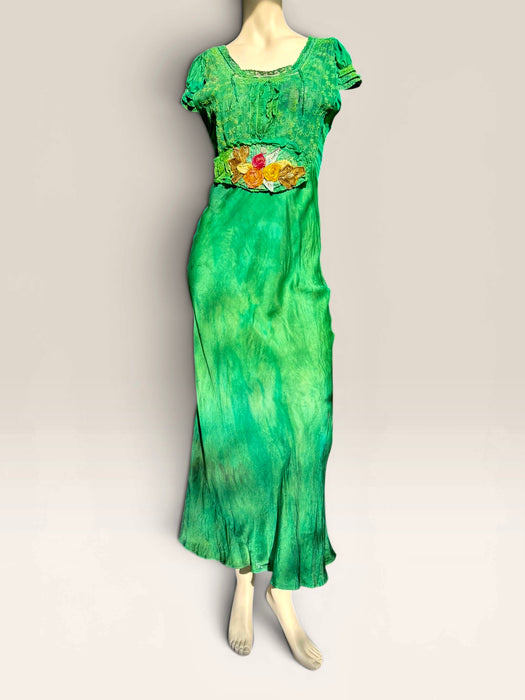 Bora, 1930s emerald green hand dyed silk bias cut dress with lace inserts and Victorian ribbon work florals