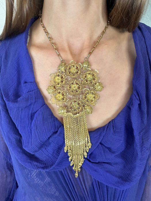 Jasmir, gold filigree fringed pendant necklace