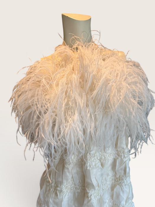 Bodie, vintage white ostrich feather and Victorian silk ruffle skirt