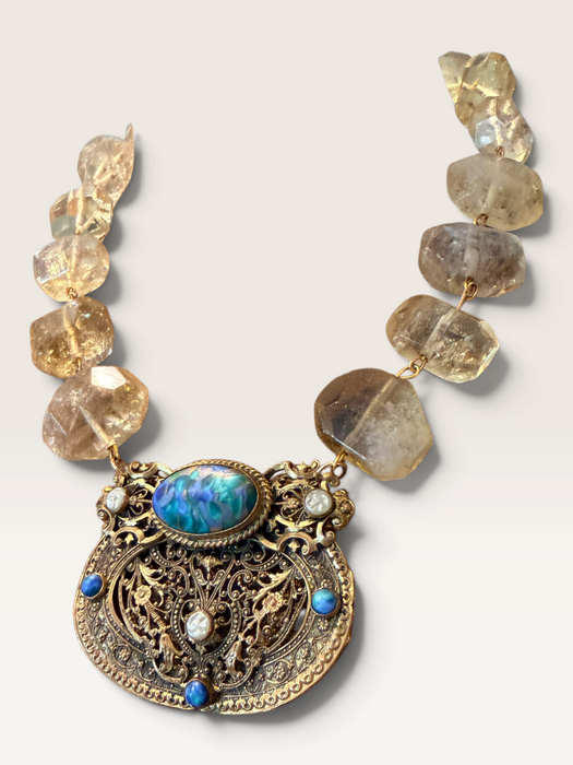 Jasmir, reworked lemon Quartz raw cut gems set with a  Victorian gold plated pendant