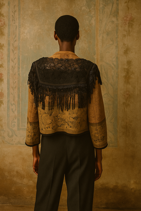 Christine, reworked French tapestry jacket with Edwardian lace tassel