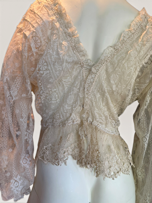 Medina, reworked 30s long sleeved French lace blouse with ribbon florals
