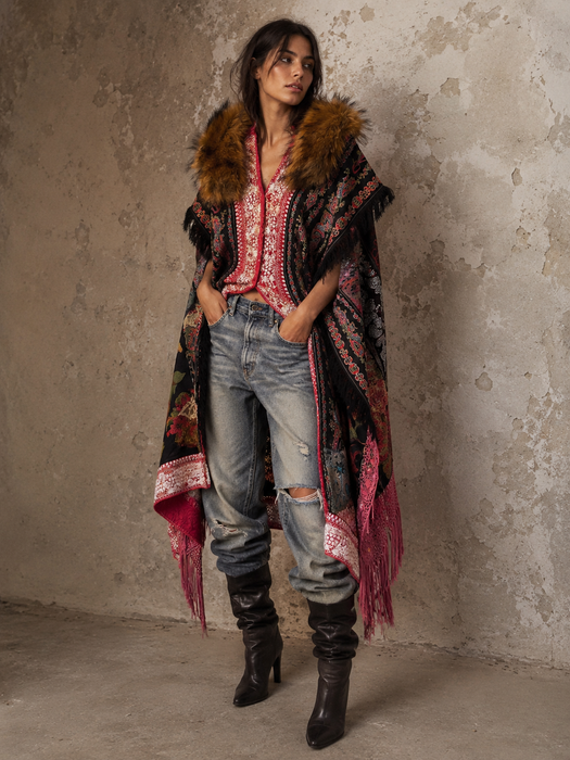 Stacey, reworked 1930, wool embroidered cape with faux fur collar