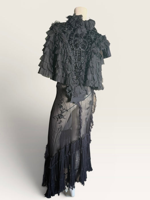 Elma, Victorian black silk ruffled cape with velour jet beaded collar
