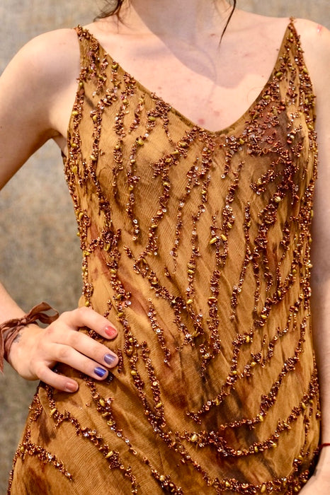 Glory, vintage animal print beaded bias cut silk chiffon dress