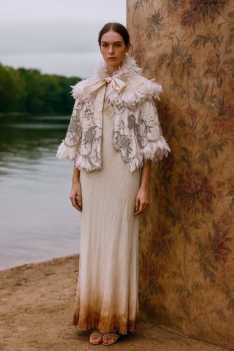 Ornella, reworked 30s cream feather cape with silver antique beading