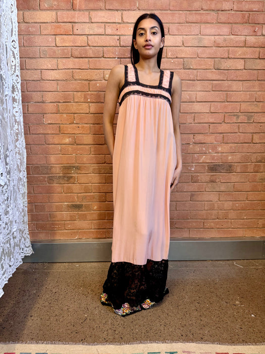 Shirah, 20s peach silk and black lace dress