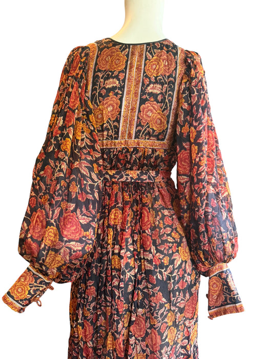 Anchor, 70s silk Indian block print balloon sleeves belted dress
