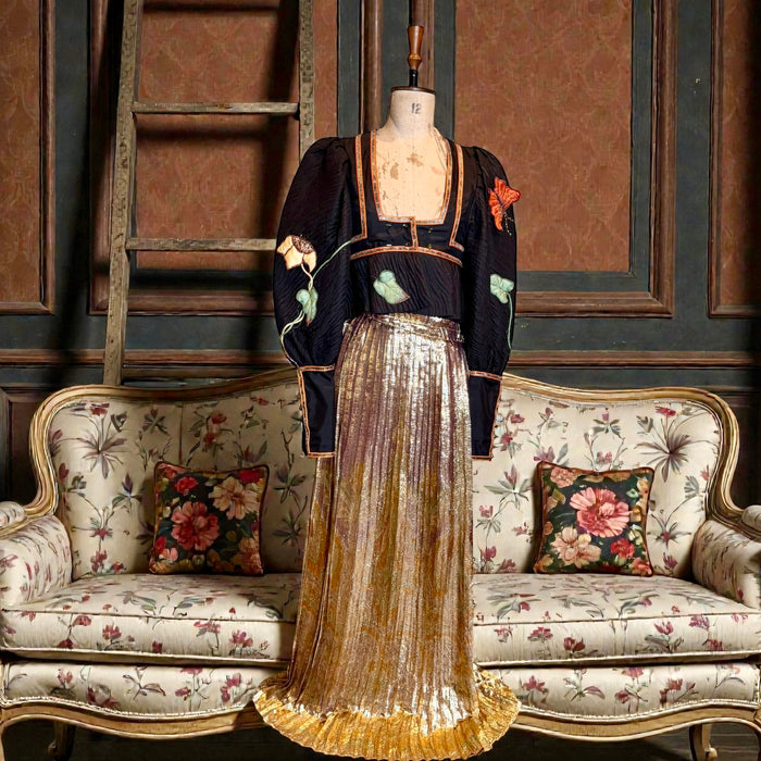 Bill Gibb, 70s jacket embroidered jacket and reversible metallic skirt