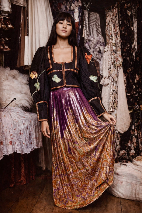 Bill Gibb, 70s jacket embroidered jacket and reversible metallic skirt