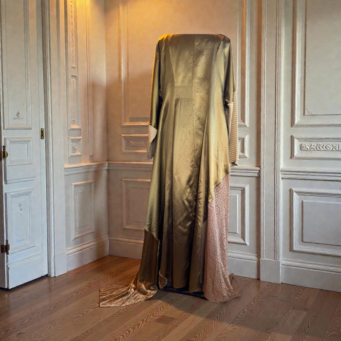Rifat Ozbek, 90s silk and velvet long handkerchief hem robe