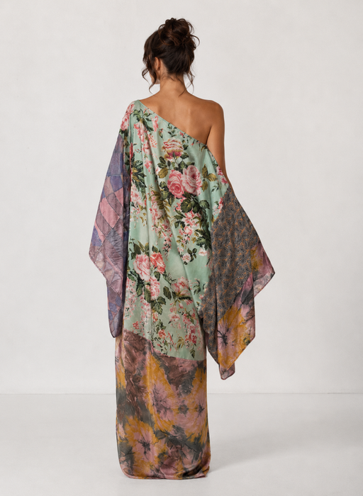 Aline, reworked silk 70s hand painted patchwork parachute kaftan