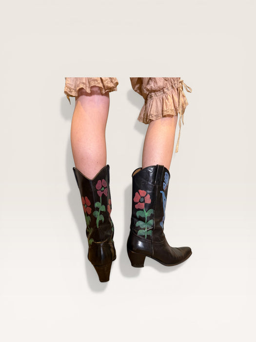 Dallas, 70s black leather hand painted cowboy boots