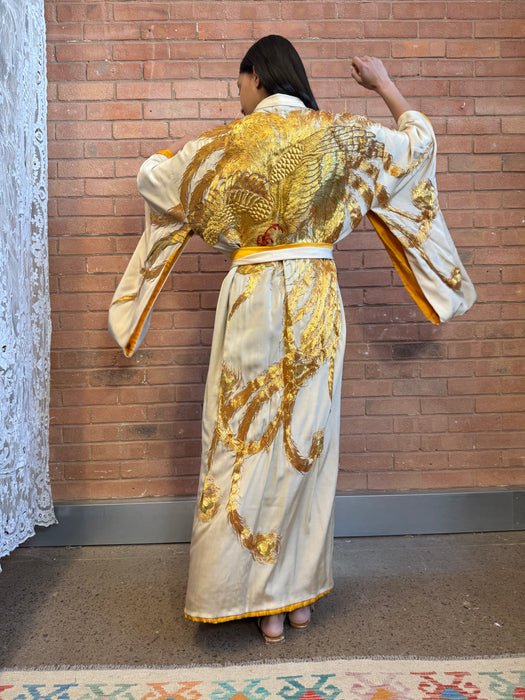 Viking, 40s cream silk and gold Phoenix embroidered kimono