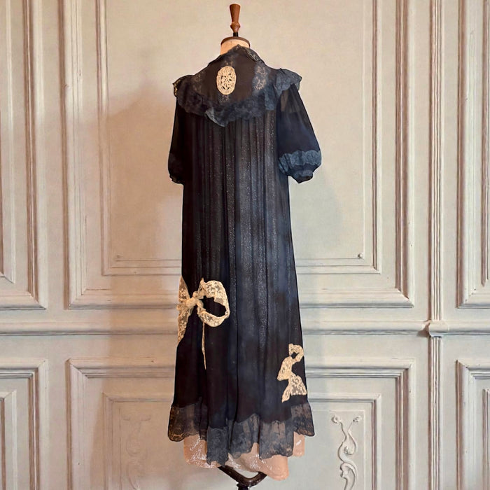 Gina, 30s black chiffon and lace robe with cream lace bows