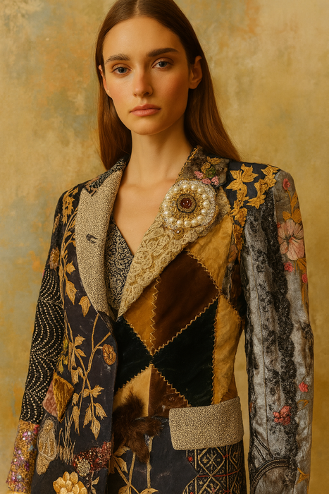 Eros, reworked patchwork and beaded 70s single breasted blazer