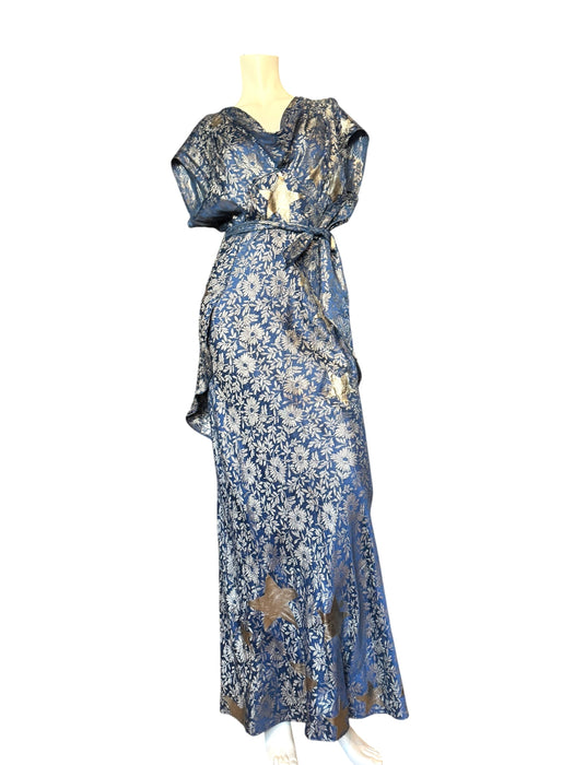 Slay, 30s blue and silver lamé bias cut dress with silver stars