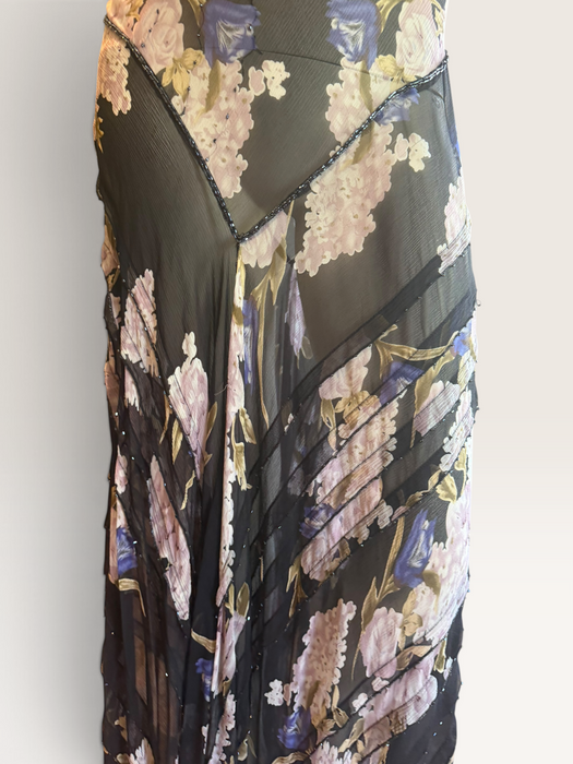 Taylor, 90s beaded bias cut floral print asymmetric dress