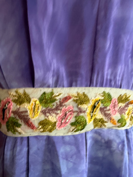 Hyacinth, 30s hand dyed silk robe with Edwardian ribbon florals