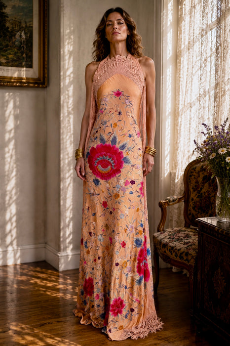 Mina, reworked 1940s silk embroidered fringed piano shawl dress