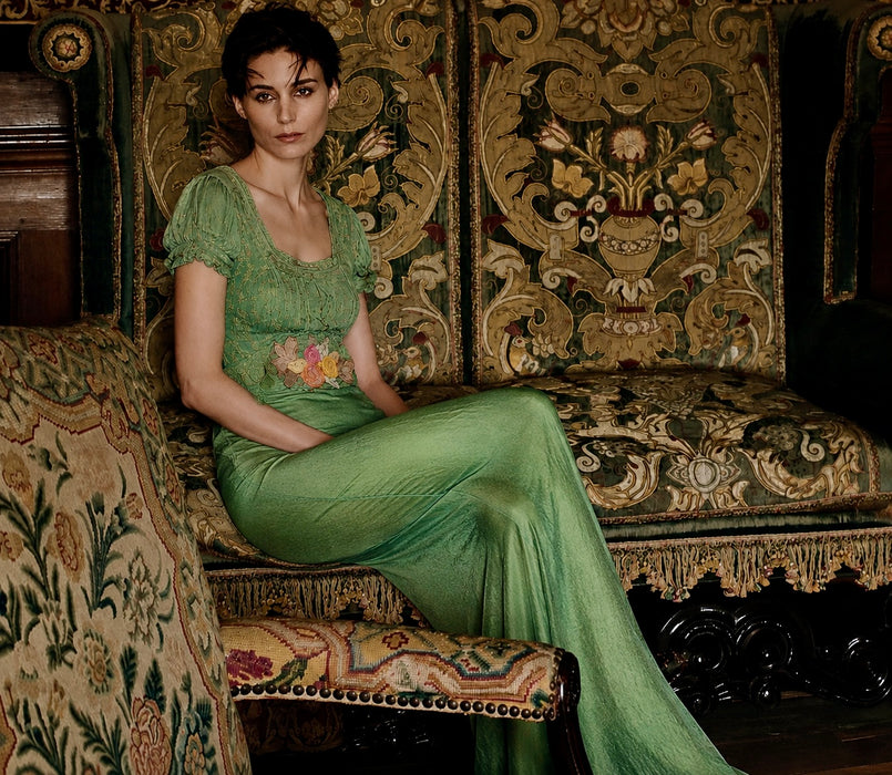 Bora, 1930s emerald green hand dyed silk bias cut dress with lace inserts and Victorian ribbon work florals