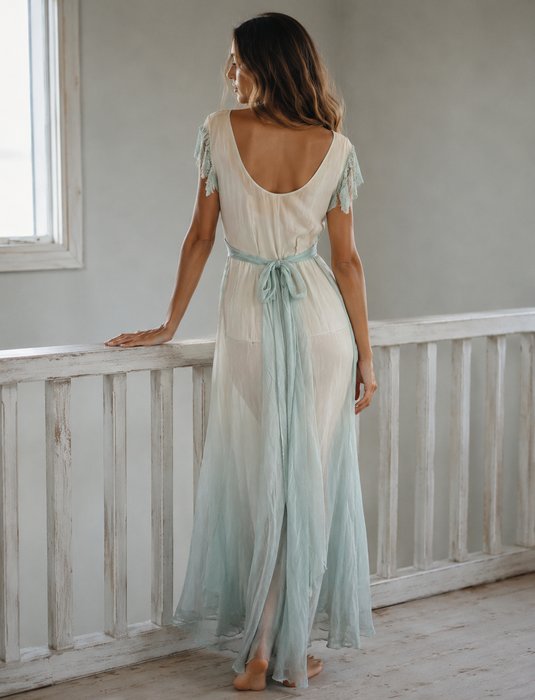 Ettore, original 30s pale blue silk chiffon dress with waist tie and frill shoulders
