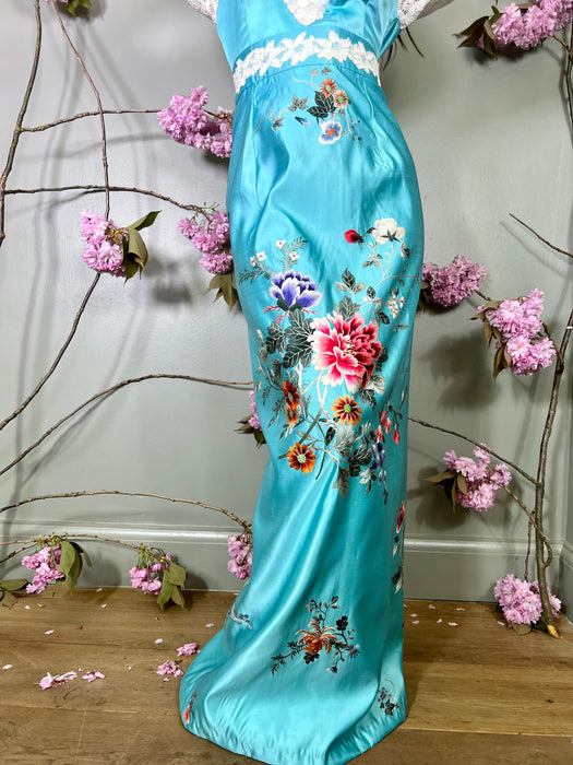Celeste, blue floral silk and crochet dress