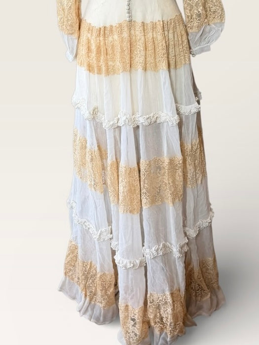 Sabine, 30s off white chiffon and cream lace tiered buttoned dress