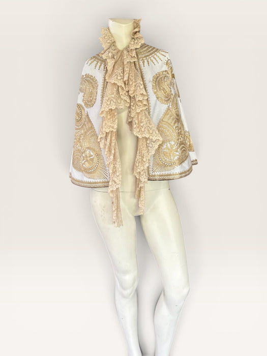Shay, Ottoman cream and gold embroidered cape with cream lace ruffle collar