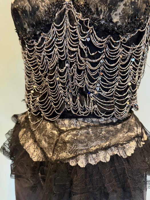 Aurora, repurposed 1940s lace corset with 20s beading and French chantilly lace