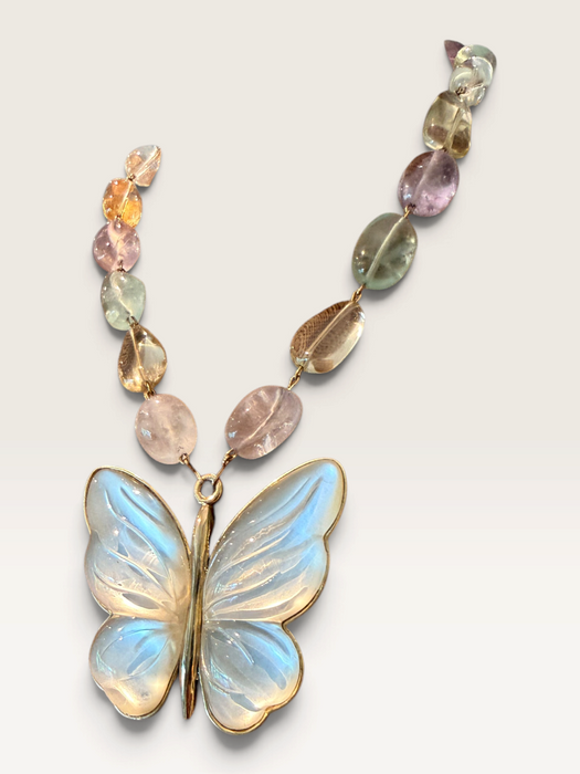 Jasmir, reworked pearlised vintage butterfly necklace with pastel crystals