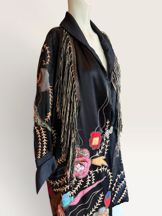 Arca, reworked Art Deco silk embroidered coat with fringing